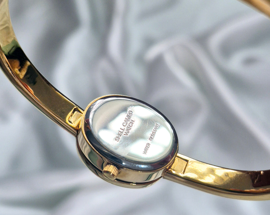Pearl Cameo Italia Vintage Bangle Watch – Mother of Pearl Queen Cameo – Gold Tone Jewelry Watch